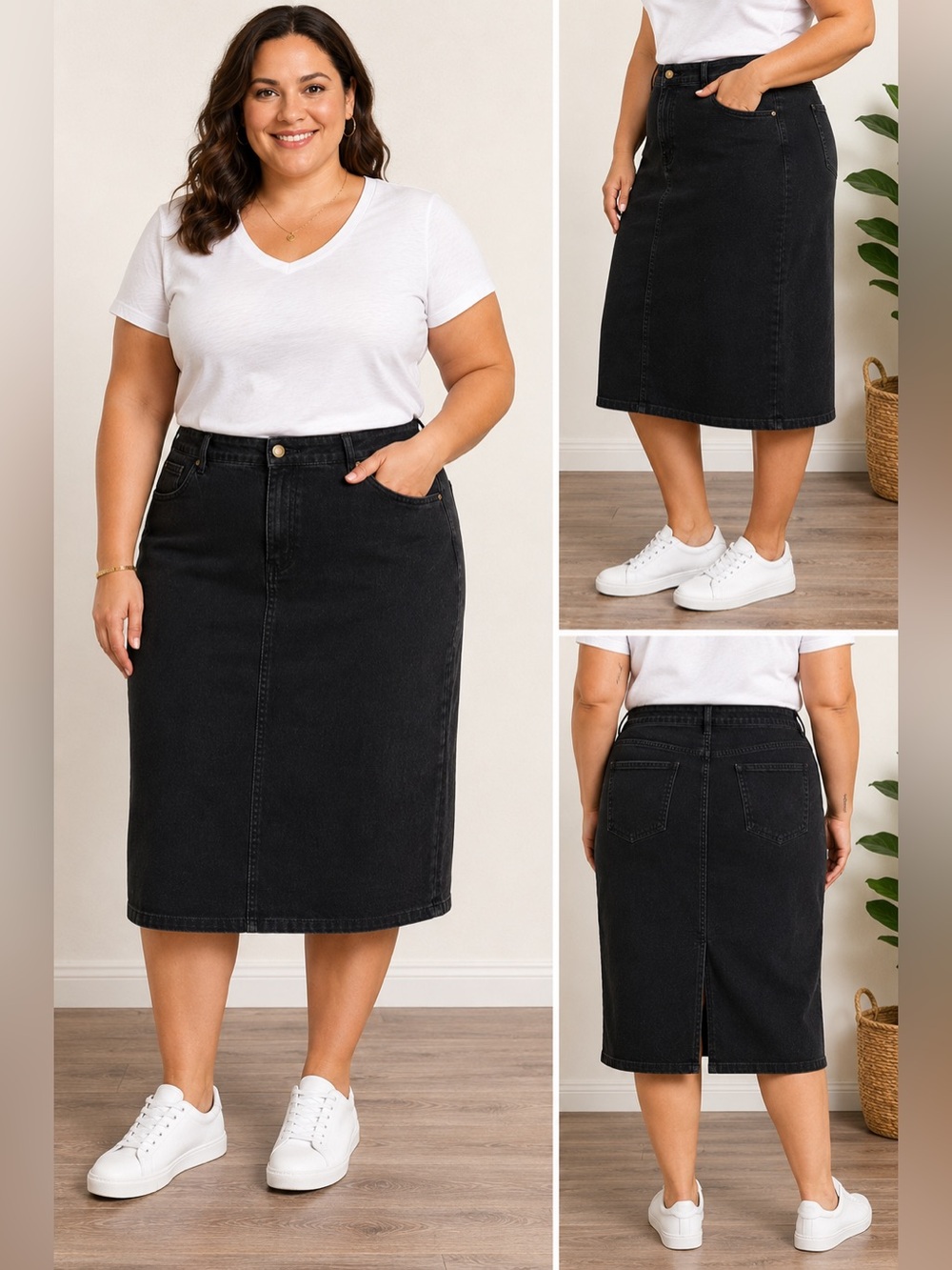 Jessica London Black Denim Skirt Size 22 100% Cotton Straight Midi Plus